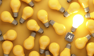AI powered creativity concept with glowing light bulb connected to AI chip among yellow bulbs symbolizing artificial intelligence innovation and smart ideas 3d rendering
