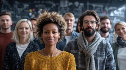 a diverse group of people standing in a modern office setting with a blackboard in the background