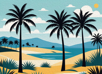 Palm tree .   Oil painting. Pattern for printing on wall decorations, fabrics, for use in graphics.