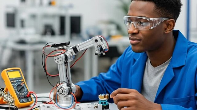 Young African American Engineer Working on Robotic Arm Project.