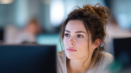 young woman focused on computer work in modern office environment