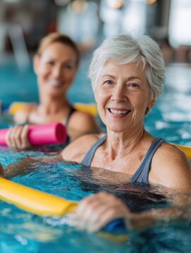 smiling senior woman doing aqua fitness with swim noodles happy mature healthy woman taking fitness classes in aqua aerobics healthy old woman holding swim noodles doing aqua gym with young trainer n