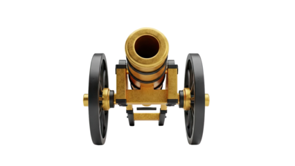 Golden cannon with black wheels, front view on transparent background