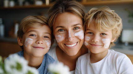 Mother and sons applying face masks together, morning skincare routine, beauty treatment bonding, family fun, skin care ritual, playful moment, with copy space
