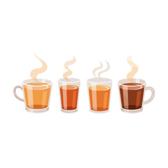 Obraz premium Steaming hot drinks set Diverse teas and coffee in clear glass cups, radiating warmth and comfort