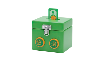 Islamic donation box with Allah script and money on transparent background