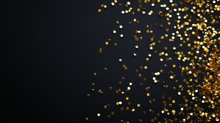 Black background with scattered gold confetti creates a festive atmosphere for celebrations like weddings and New Year's gatherings or events with friends and family in joyful moments