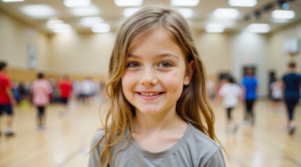 Happy girl with long hair in a gray T-shirt during physical education class at school