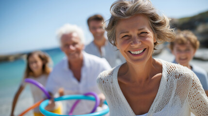 Multi-generational family playing beach ring toss together, outdoor games, family bonding activity, coastal recreation, vacation entertainment, group fun, with copy space