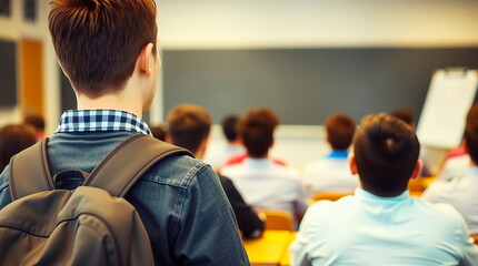A view from behind of a student with a backpack who was late for a lecture at the university.
