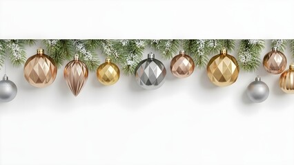 Luxurious Christmas banner with metallic ornaments and pine branches in a white studio setting