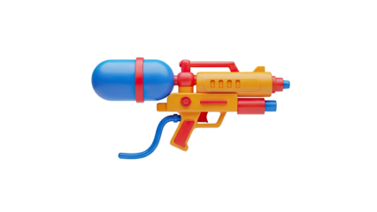 Bright toy water gun with blue reservoir and red accents on transparent background