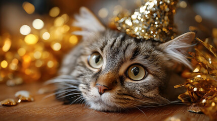 Cat wearing wizard hat for Halloween, festive pet costume, spooky celebration, holiday animal dress-up, October tradition, humorous feline, with copy space