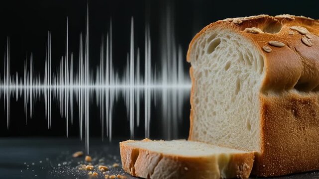 Freshly baked bread with sliced loaf and sound wave pattern.