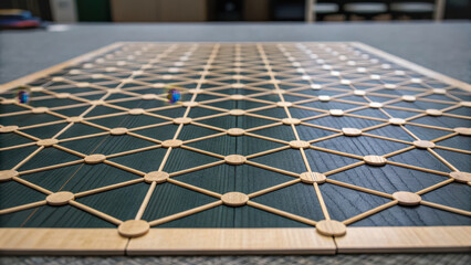 Autonomous security response. wooden board game with geometric pattern of interlocking lines and circles on dark surface