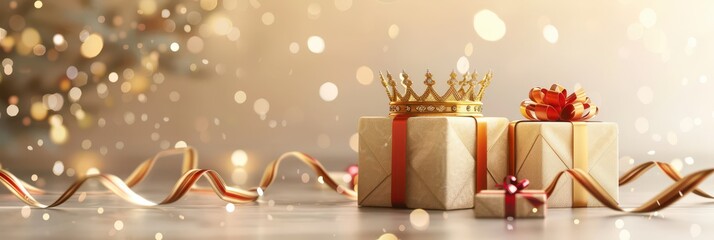 Obraz premium Epiphany celebration with gifts and crown on three kings day. Horizontal banner. Copy space. Template with crowns and gift boxes for Three Kings Day. Free space for text