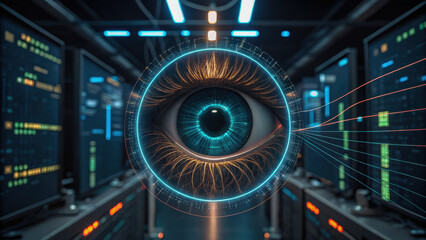 Autonomous security response. digital eye scans data in futuristic server room, monitoring network activity