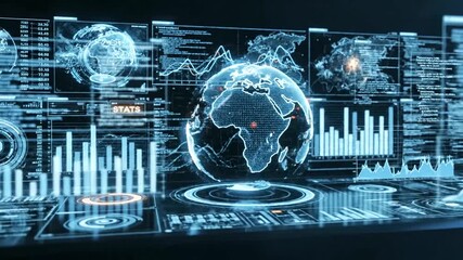Futuristic global network interface with data analysis and visualization, representing advanced technology. - Powered by Adobe