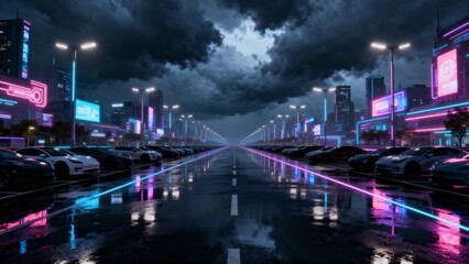 Futuristic city street with neon lights
