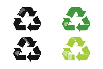 Set of four recycle symbols in solid black, black outline, flat green, and glossy green on a white background for educational and informational purposes related to recycling