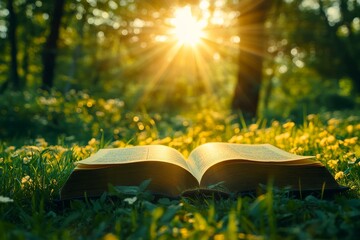 Open book rests on grass under bright sun in outdoor space, symbolizing connection to faith and nature during daytime in a forest setting