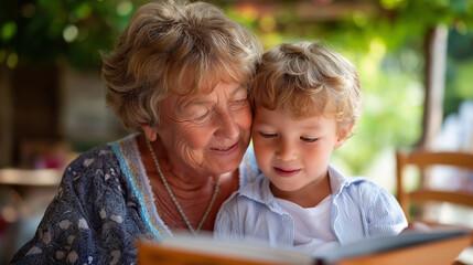 Grandmother and grandson reading storybook outdoors together, generational bonding, literacy moment, outdoor reading time, family connection, humorous tales, with copy space