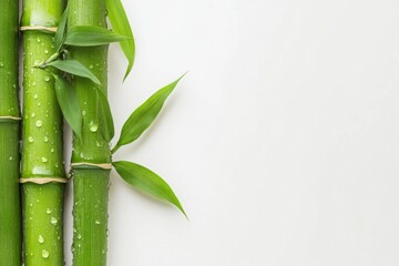 Vibrant green bamboo stalk with water droplets and lush leaves on a white surface showcases nature's beauty in a simple setting and highlights the freshness of plants