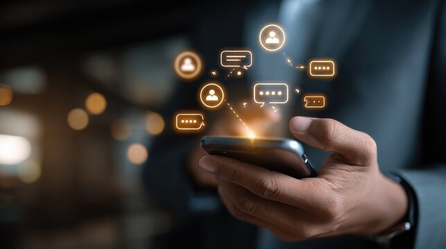 businessman engaged with chatbot interface on smartphone modern office setting with glowing digital icons conveying futuristic communication and automation in professional - Powered by Adobe