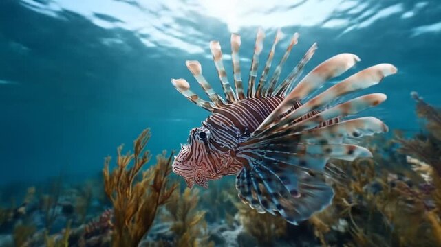 Underwater view of a striking lionfish with unique fin display
