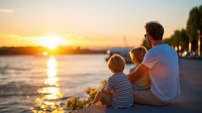 Father and sons sitting on promenade watching river at sunset, family bonding time, evening relaxation, peaceful moment, waterfront scene, with copy space