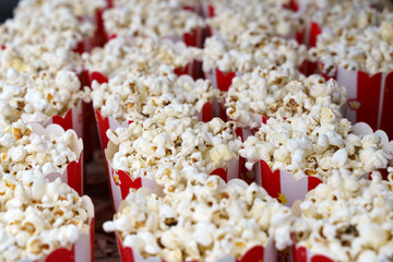 Popcorn Buckets in Striped Red and White Containers