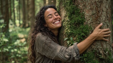 Naklejka premium a happy woman hugging a tree in a forest smiling and embracing nature during a forest bathing session promoting outdoor relaxation and mental health