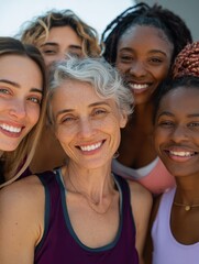 Fototapeta premium happy multi generational women having fun together multiracial friends smiling on camera after sport workout outdoor main focus on african female face no logos no brands ar 34
