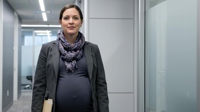 big belly woman. A pregnant professional woman stands confidently in a modern office hallway, dressed in business attire with a folder in hand, exuding strength and determination