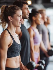 Fototapeta premium fit group people in exercise gear standing in a row holding dumbbells during an exercise class at the gym no logos no brands ar 34