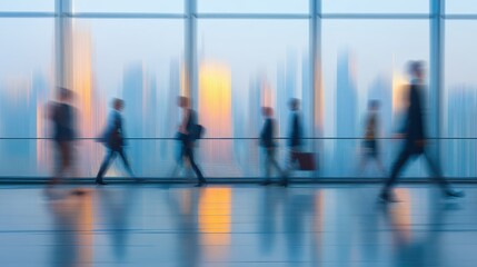 abstract blur of business people walking quickly in modern office building with large windows and city skyline dynamic motion rush hour busy business environment
