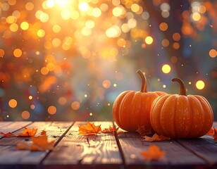 Two pumpkins on a wooden surface with a soft, bokeh background