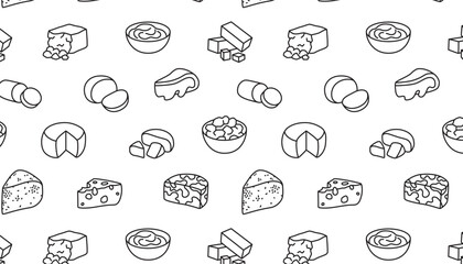Editable Outline Seamless Pattern Featuring Different Cheese Types