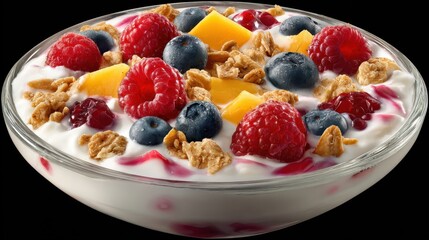yogurt dish containing raspberry blueberry mango and granola nutritious meal assembly