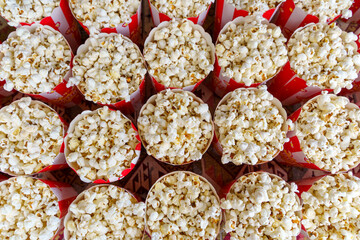 Popcorn Buckets in Striped Red and White Containers