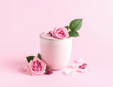 Pink rose latte presented in a simple ceramic cup adorned with fresh blooms, green leaves, and scattered petals on a soft pink background