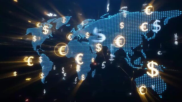 Digital world map animation with currency symbols background