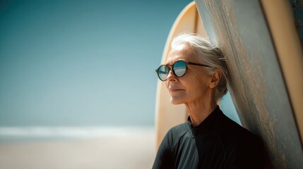 generative ai image of elegant senior surfer woman enjoying the sun