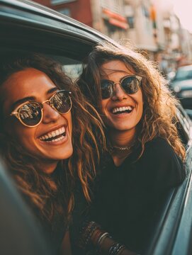 two fun young women in sunglasses driving in a car in town laughing and smiling as they socialise together view through open side window no logos no brands ar 34