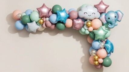 Kids Birthday Pastel balloons with cute shapes form decorative arch | Birthday, party, background, kids.