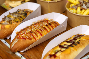 Assorted Gourmet Hot Dogs with Mustard, Ketchup and Melted Cheese