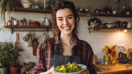a woman with a happy smile holds a plate of salad in the kitchen for cooking blogs and healthy eating advertisements