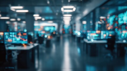 modern neon cyberpunk open space office interior blurred with information technology overlay corporate strategy for finance operations marketing technology