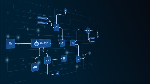 AI workflow automation artificial intelligence. ai agent network diagram connecting node input, processing flow, ai model and automation system.