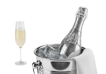 chilled premium champagne bottle showing condensation and silver foil, placed next to a specular silver ice bucket on a high-key studio background with copy space. concept for luxury beverage